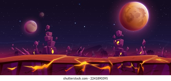 Dangerous alien planet surface with rocky surface, hot lava in cracks, piles of stones against dark outer space background with planets and stars. Cartoon vector illustration. Adventure game platform