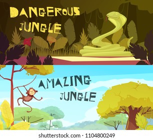 Dangerous and amazing jungle day and night set of horizontal cartoon banners isolated vector illustration