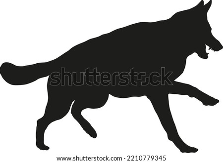 Dangerous and angry german shepherd dog puppy. Agressive dog. Black dog silhouette. Pet animals. Isolated on a white background. Vector illustration.