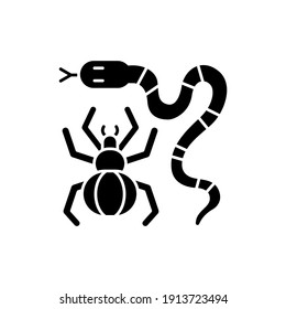 Dangerous animals black glyph icon. Exotic pets. Poisonous snakes and venomous spiders. Cobras, vipers and rattlesnakes. Silhouette symbol on white space. Vector isolated illustration