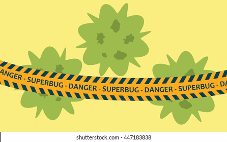 Dangerous bacteria concept. Vector illustration of superbug with antibiotics resistance restrained by police tape