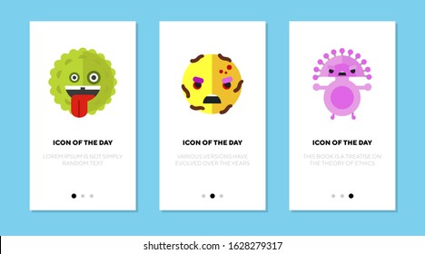 Dangerous bacteria flat icon set. Circular creatures with faces isolated sign pack. Healthcare, illness, bacillus concept. Vector illustration symbol elements for web design