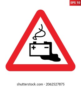 Dangerous batteries warning sign. Vector illustration of red triangle warning sign with battery icon inside. Battery leak symbol used in industry. Caution dangerous battery acid.