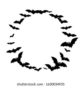 Dangerous black bats flock isolated on white vector Halloween background. Flying fox night creatures illustration. Silhouettes of flying bats vampire Halloween symbols on white.