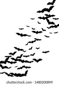 Dangerous black bats group isolated on white vector Halloween background. Flying fox night creatures illustration. Silhouettes of flying bats traditional Halloween symbols on white.