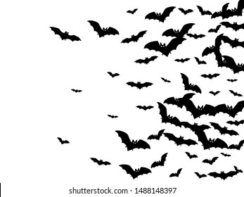 Dangerous black bats group isolated on white vector Halloween background. Rearmouse night creatures illustration. Silhouettes of flying bats traditional Halloween symbols on white.