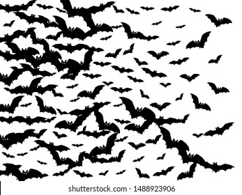 Dangerous black bats group isolated on white vector Halloween background. Flittermouse night creatures illustration. Silhouettes of flying bats vampire Halloween symbols on white.