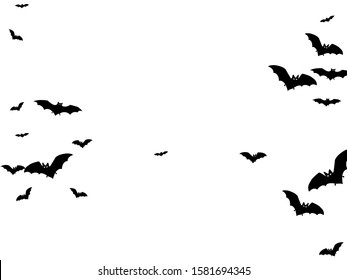 Dangerous black bats group isolated on white vector Halloween background. Flittermouse night creatures illustration. Silhouettes of flying bats traditional Halloween symbols on white.