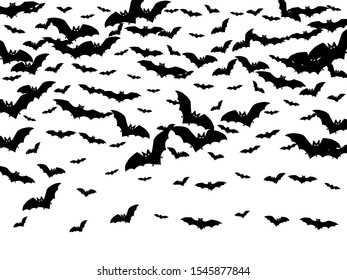 Dangerous black bats swarm isolated on white vector Halloween background. Rearmouse night creatures illustration. Silhouettes of flying bats traditional Halloween symbols on white.