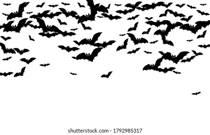 Dangerous black bats swarm isolated on white vector Halloween background. Flying fox night creatures illustration. Silhouettes of flying bats traditional Halloween symbols on white.