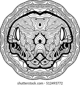 Dangerous boa is drawn by hand with ink, with ethnic patterns. Zendoodle, zenart. Circular mandala tribal patterns. Coloring book for adults. Coloring antistress anaconda. Element for your design.