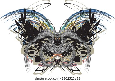 Dangerous butterfly colorful splashes on white. Scary butterfly symbol for shield or sport emblems, posters, tattoos, fabric products, prints, fashion trends, interiors, graphics on vehicles, etc. 