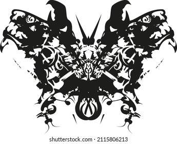 Dangerous butterlfy wings with an unusual wolf pattern on a white background. Grunge scary butterfly wings for fabric, prints, textiles, sport emblems, wallpaper, fashion, embroidery, posters, etc.