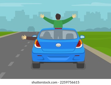 Conducir en coche peligroso. Pasajero incómodo colgando del techo corredizo. El conductor saca su mano de la ventana del vehículo en movimiento. Pegar partes del cuerpo fuera del auto en movimiento. Ilustración vectorial plana.