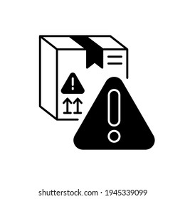 Dangerous cargo black linear icon. Professional postal service, special package delivery outline symbol on white space. Safety precautions. Parcel with warning sign vector isolated illustration