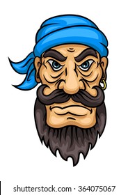 Dangerous cartoon pirate sailor or captain with curly black moustache and beard, blue bandanna and gold earring. Marine adventure, travel, mascot or piracy theme design