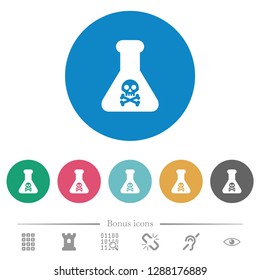 Dangerous chemical experiment flat white icons on round color backgrounds. 6 bonus icons included.