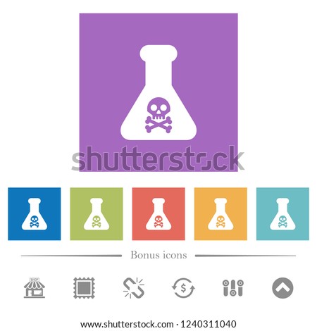 Dangerous chemical experiment flat white icons in square backgrounds. 6 bonus icons included.