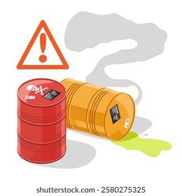 Dangerous chemicals leak red Toxic waste tanks smoke Hazardous store concept illustration isometric isolated cartoon vector