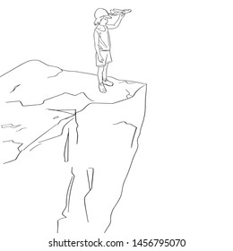 Dangerous children's games and child safety concept. Kid stands on the edge of a cliff with a toy plane. Black isolated contour. Hand drawn style. Vector outline. Graphic element.