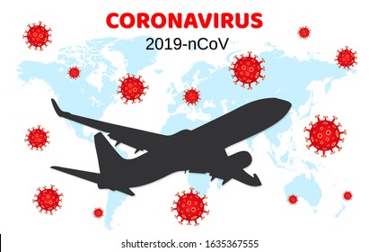 Dangerous chinese coronavirus. Wuhan Novel coronavirus 2019-nCoV. Airplane flying. Pandemic medical health risk. Vector illustration