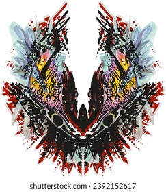 Dangerous colored butterfly wings splashes on white for textiles or prints on T-shirts. Ethnic butterfly symbol for business concepts, fabrics, tattoos, interiors, fashion trends, graphics on vehicles