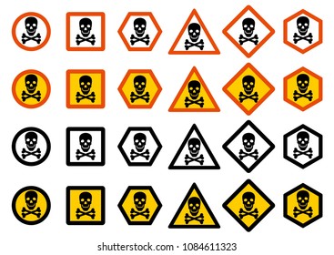 Dangerous concept. Set of different signs of chemical, radioactive, toxic, poisonous, hazardous substances. Vector illustration.