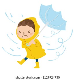 Dangerous condition with rain and wind blowing.Illustration of a boy walking with an umbrella.