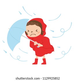 Dangerous condition with rain and wind blowing.Illustration of a girl walking with an umbrella.