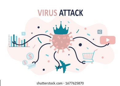 Dangerous corona virus attacks global areas of life- economics, world trade or international relations. Financial crisis. Global covid 19 pandemic. Concept flat vector illustration. 