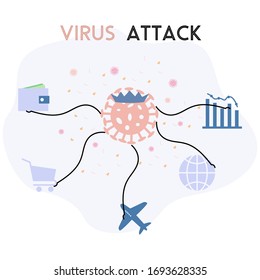 El virus de la corona peligrosa ataca áreas globales de la vida económica, el comercio mundial o las relaciones internacionales. Crisis financiera. La pandemia global es de 19. Concepto de ilustración vectorial plana.