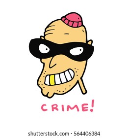 Dangerous cruel evil ruthless cunning insidious grinning unshaven bad classic criminal, robber or a terrorist in a black mask and hat with impunity is committing crimes such as robbery and kidnapping