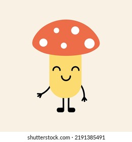 Un personaje peligroso y lindo vuela agaric al estilo kawaii. Setas de dibujos animados simples y planos vectoriales. Diseño para logotipo, pegatina, parche, impresión. Amanita con gorra roja y manchas, venenosas, bosque, otoño.