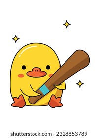 Dangerous cute duck with different weapons. Sits and holds a wooden bat. Vector graphic.