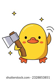 Peligroso pato lindo con diferentes armas. Sujeta un hacha afilado. Gráfico vectorial.