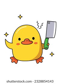 Peligroso pato lindo con diferentes armas. Sostiene un abrupto. Gráfico vectorial.