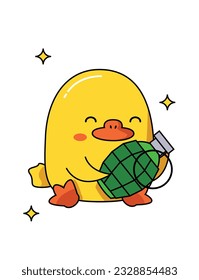 Peligroso pato lindo con diferentes armas. Se sienta y sostiene una granada. Gráfico vectorial.