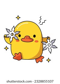 Peligroso pato lindo con diferentes armas. Sostiene shurikens. Gráfico vectorial.