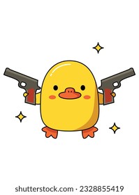 Peligroso pato lindo con diferentes armas. Tiene dos armas. Gráfico vectorial.