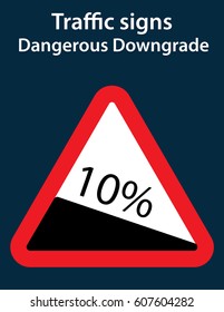 Dangerous downgrade traffic sign, danger icon, Red Exclamation pictogram - Warning Triangle Road sign isolated on white background, traffic signals