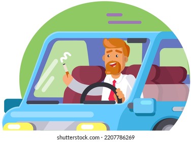 Conducción peligrosa, mal hábito, concepto de desastre. Hombre en el auto con cigarrillo. El conductor fuma mientras conduce. Tabaco masculino en automóvil. Persona con producto de tabaco en ilustración vectorial auto