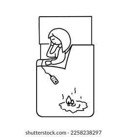 A dangerous electric blanket. Poor quality heating blanket. A person is sleeping, the blanket is smoldering, burning. Isolated vector image.