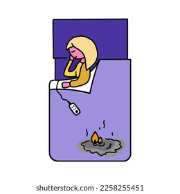 A dangerous electric blanket. Poor quality heating blanket. A person is sleeping, the blanket is smoldering, burning. Isolated vector image.