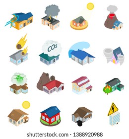 Dangerous environment icons set. Isometric set of 16 dangerous environment vector icons for web isolated on white background