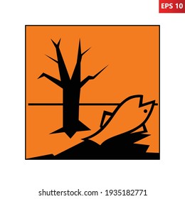 Dangerous for the environment warning sign. Vector illustration of orange square sign with dead fish and tree icon inside. Environmental pollution symbol. Caution danger zone. Contamination beware.