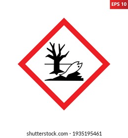 Dangerous for the environment warning sign. Vector illustration of red border square sign with dead fish and tree icon inside. Environmental pollution symbol. Caution danger zone. Contamination beware