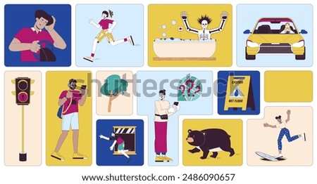 Dangerous everyday situations bento grid illustration set. Dangers accidents 2D vector image collage design graphics collection. Multicultural adult people unsafe flat characters moodboard layout