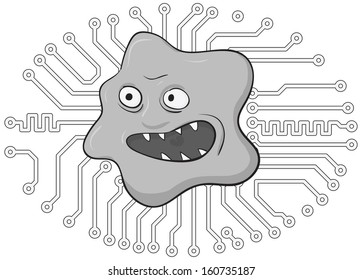 Dangerous evil computer virus. Comic vector monochrome illustration