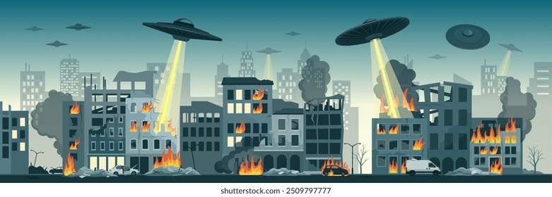 Naves espaciais extraterrestres perigosas pairando sobre a cidade e destruindo edifícios, conceito de invasão alienígena