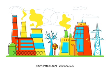 Dangerous Factory Production - Modern Flat Design Style Illustration With Line Elements On White Background. Old Buildings Do Not Meet Environmental Standards. Pipes Smoke, Pollute The Atmosphere